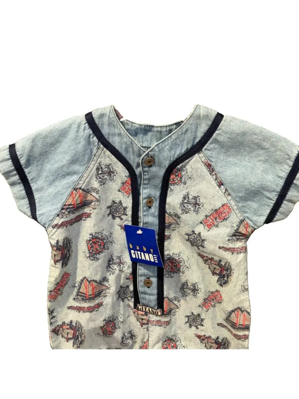 Gitano Baby Size 18 Vintage Denim One-Piece Romper Sailboat Nautical 90's NWT